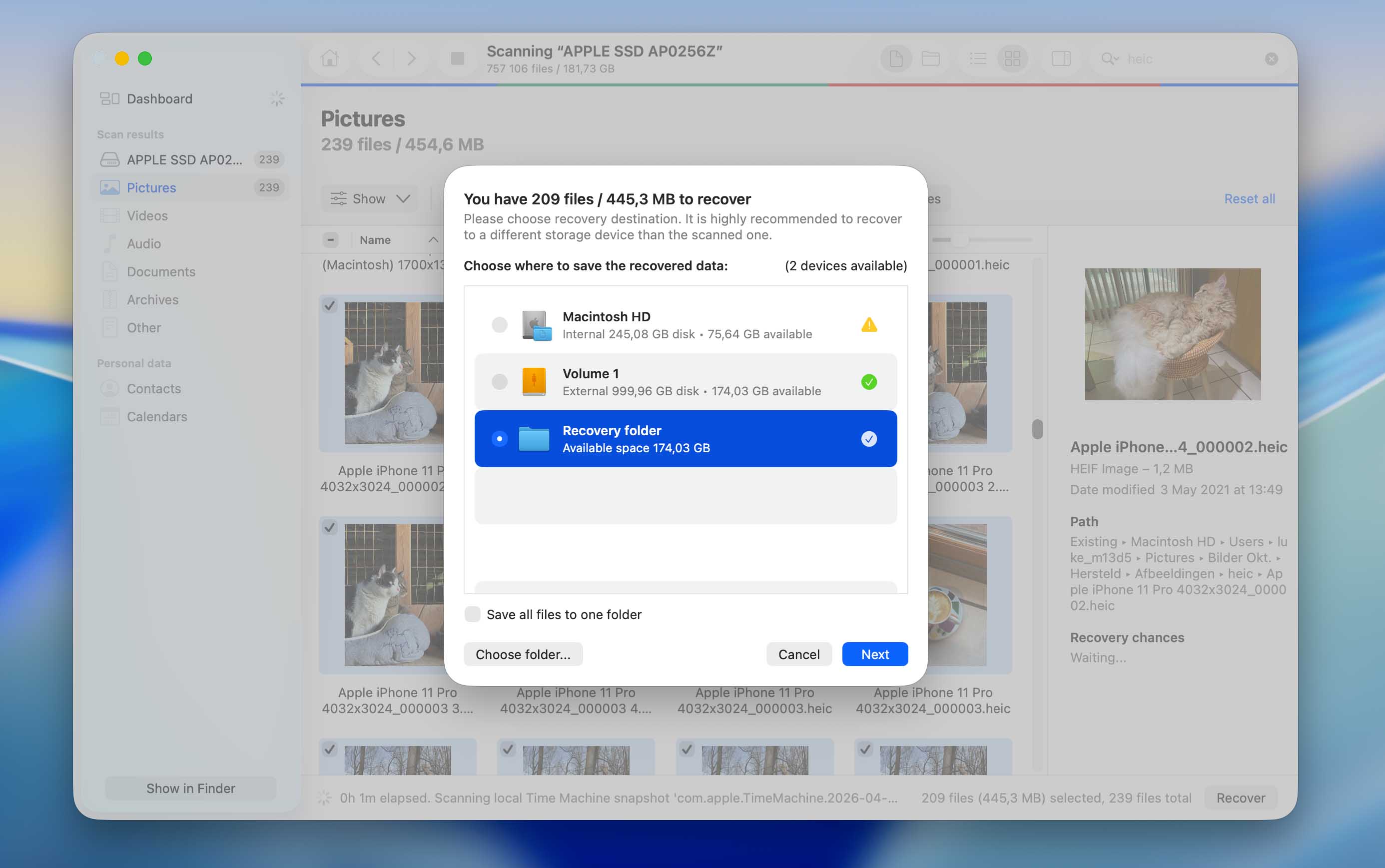select recovery location for files