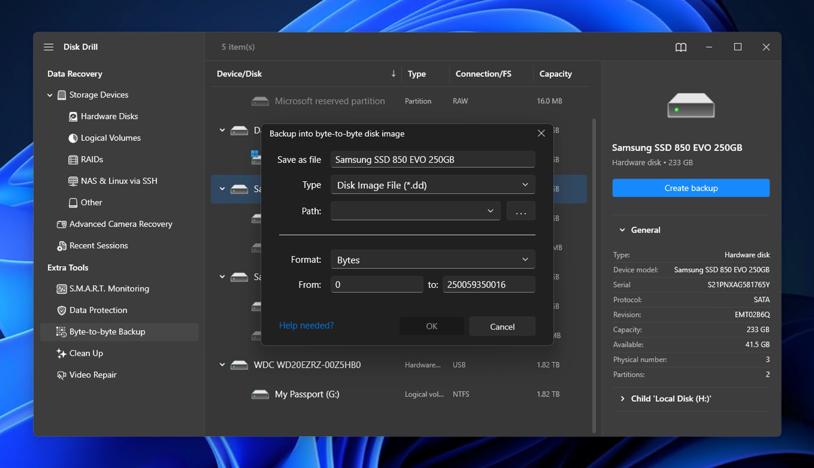 Create byte-to-byte backup in Disk Drill