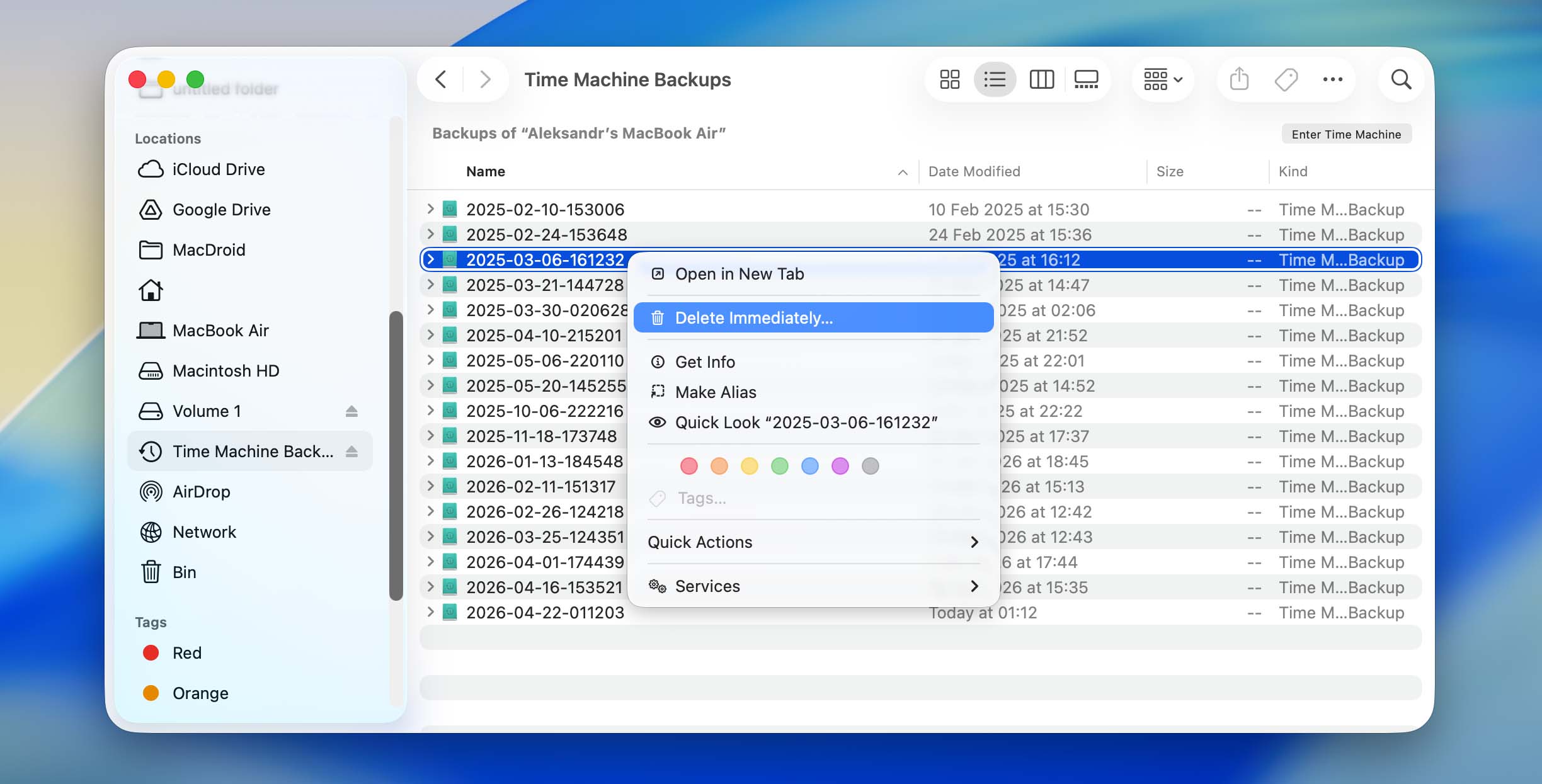 delete time machine backup