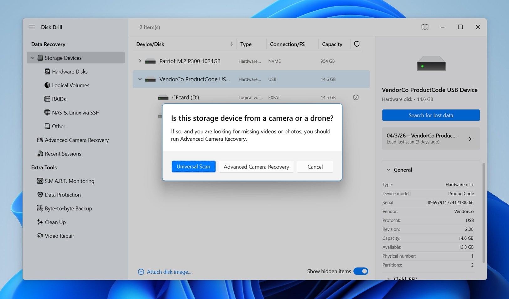 Сlick on Search for lost data and select the mode