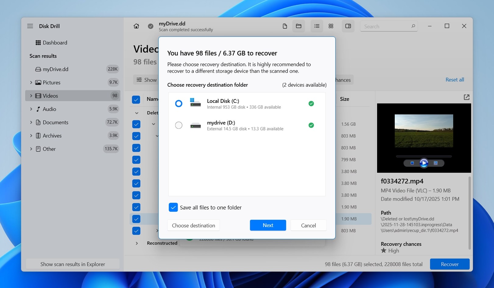 Select recovery location for dashcam videos