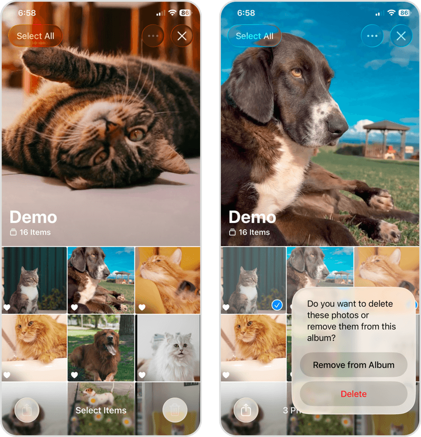 Deleting a photo in the iOS Photos app