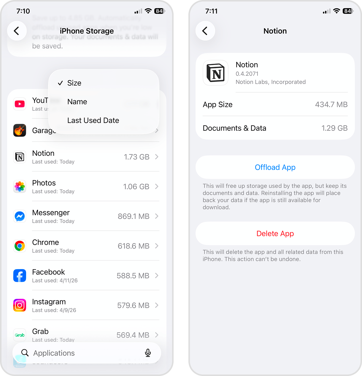 Deleting an app through iPhone Storage settings