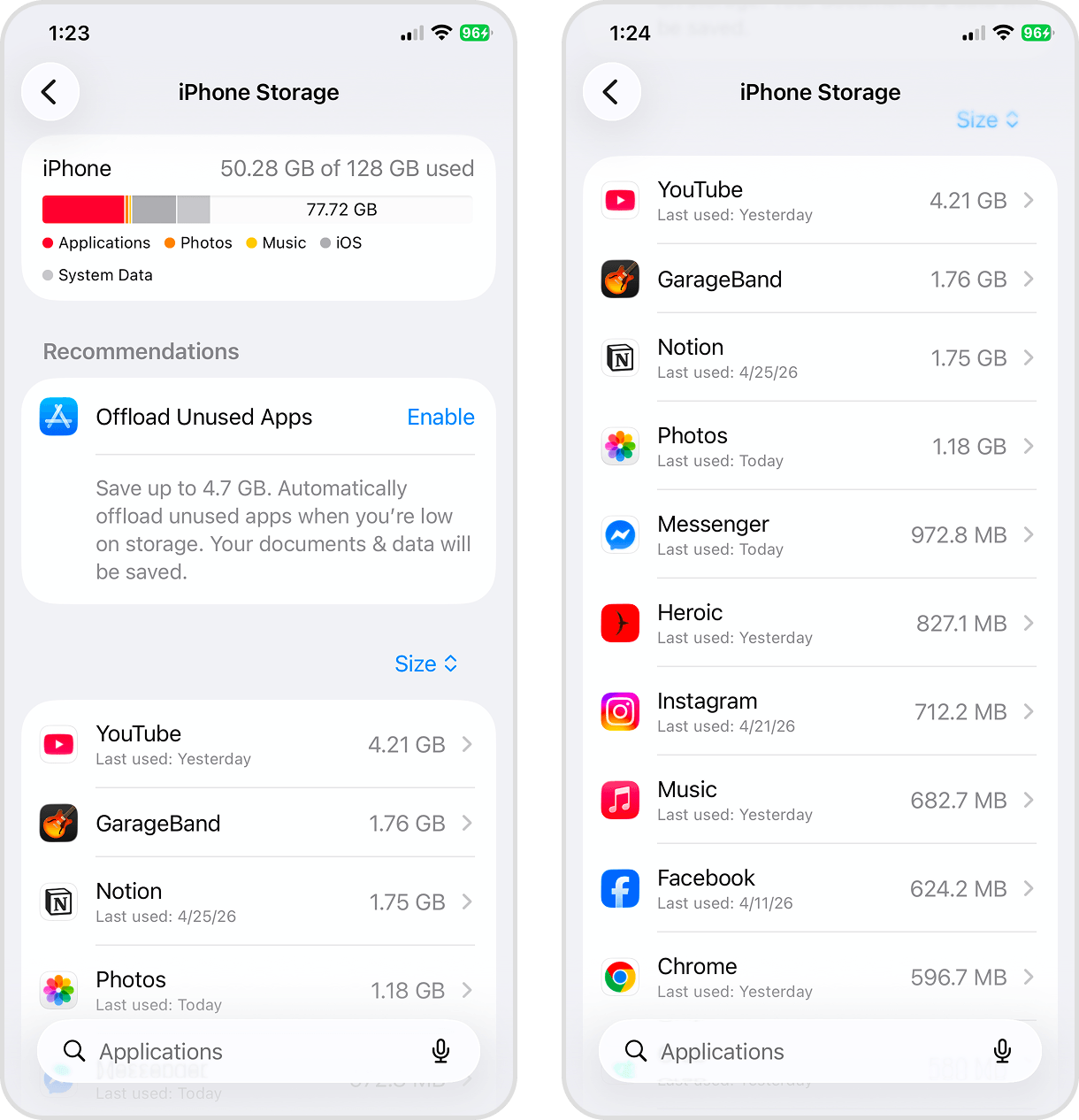iPhone Storage menu in the Settings app