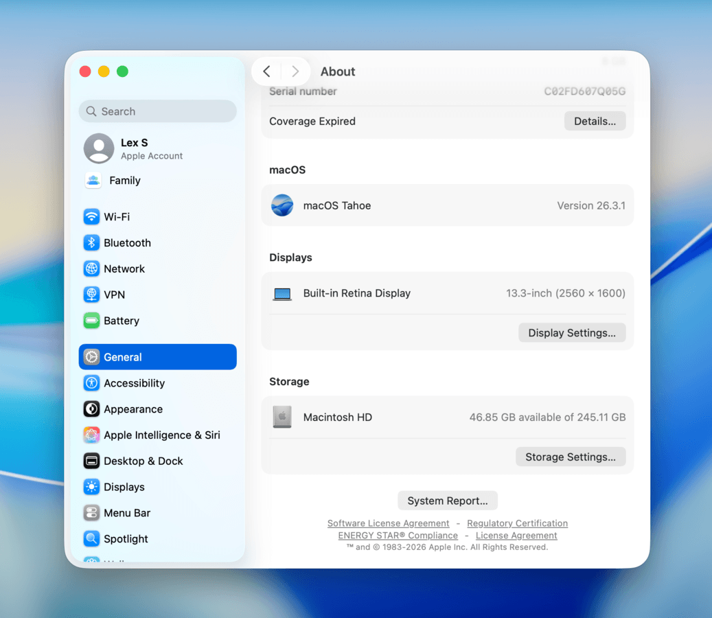 "About" page in the Mac Settings app