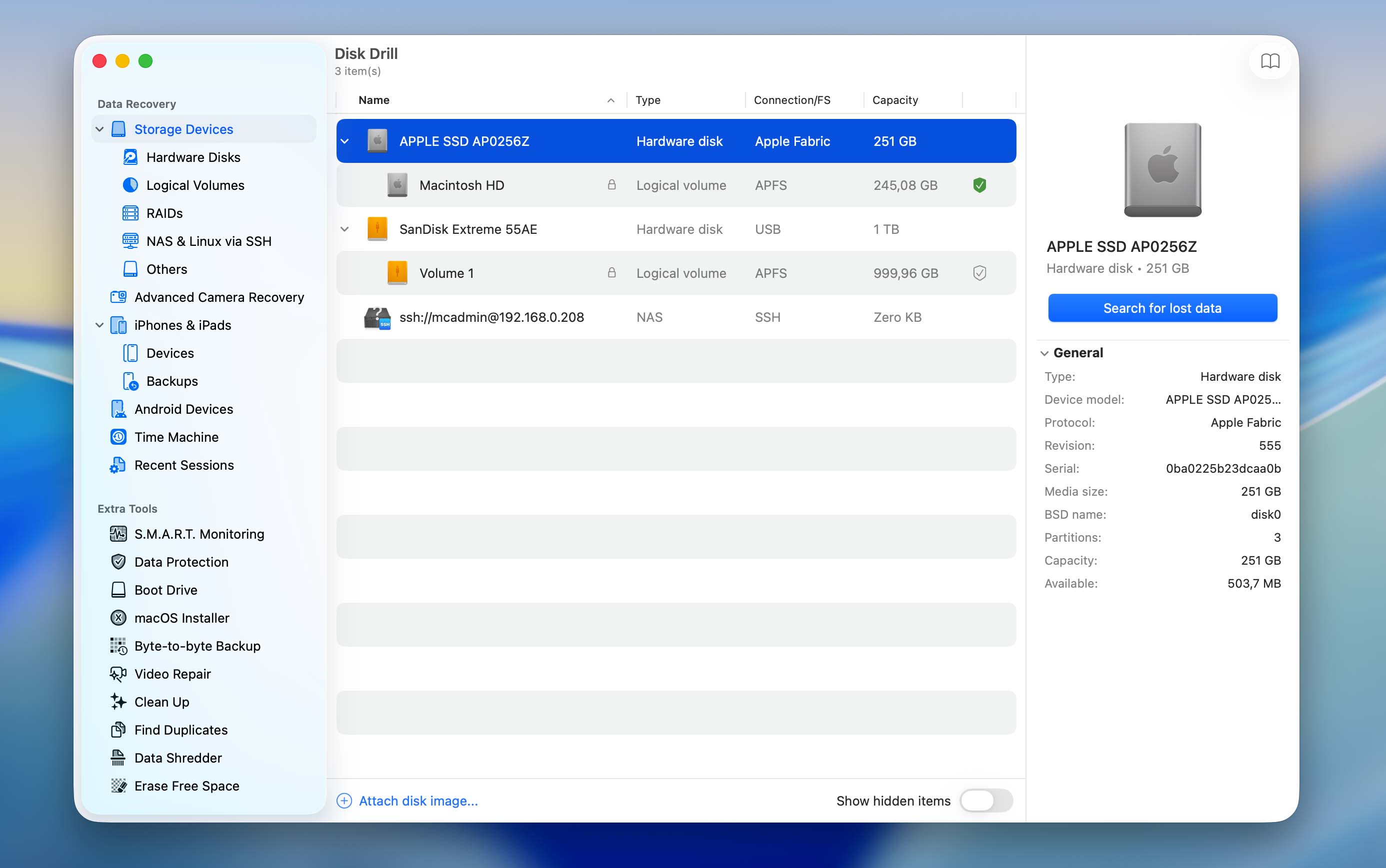 select drive and start scan in disk drill