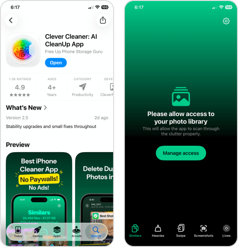 Clever Cleaner App Store page and access prompt