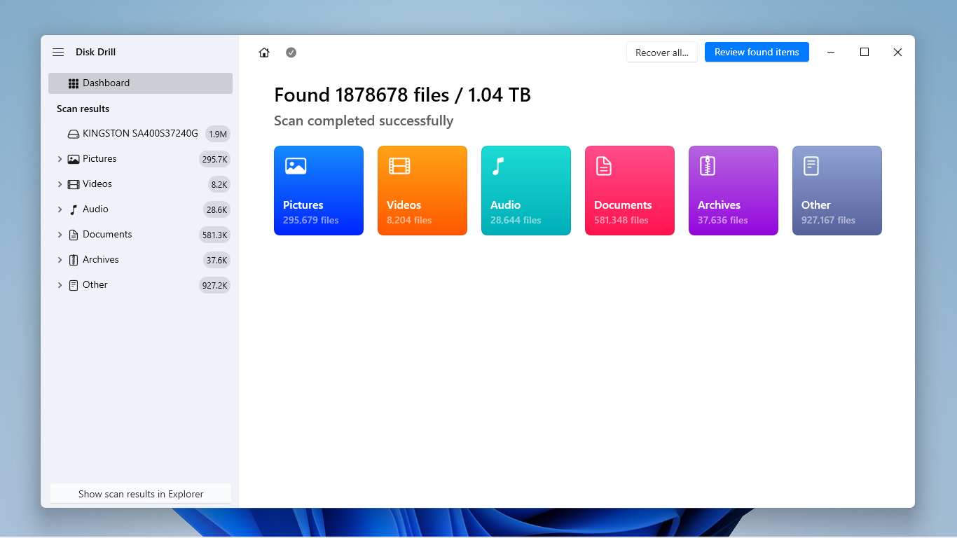 Disk Drill's scan completion page and scan review button