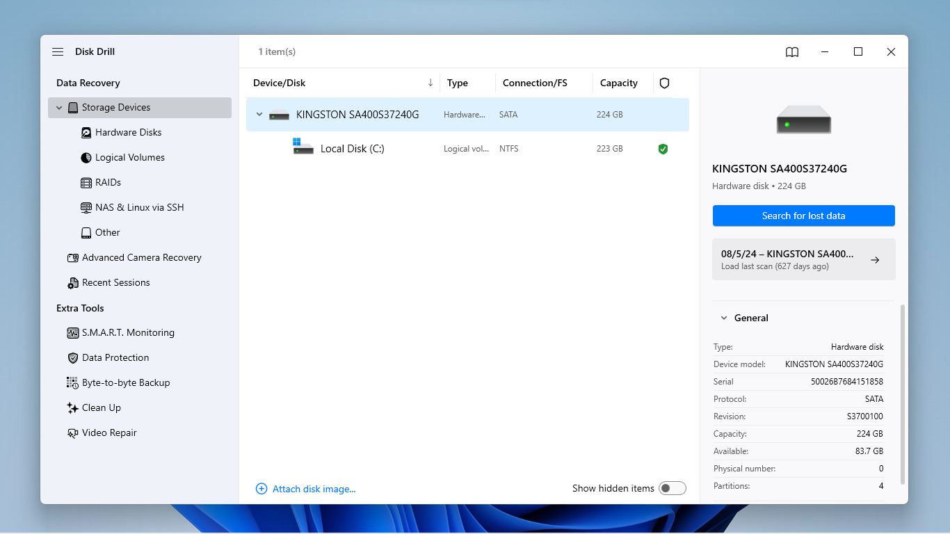 Disk Drill's source selection menu