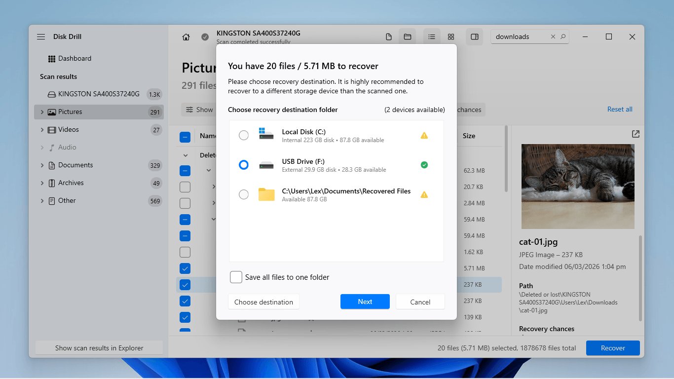 Choosing a folder for Disk Drill's recovered files
