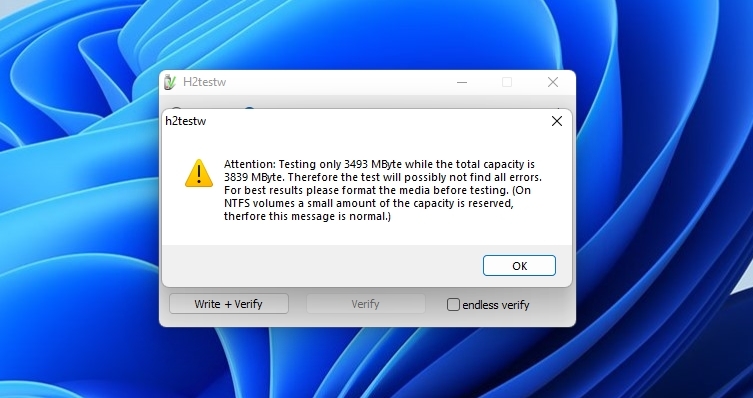 H2TestW Data Volume Warning
