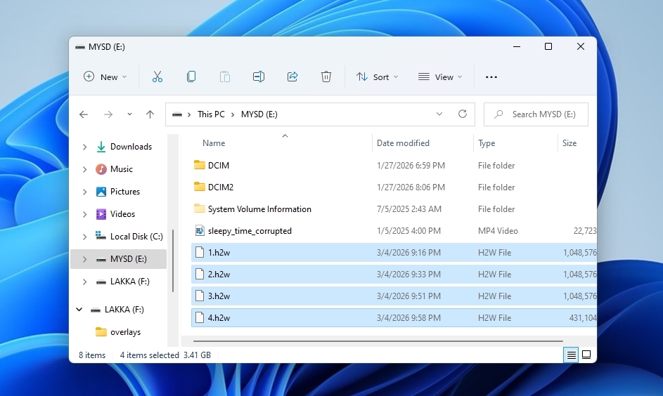 H2TestW Test Files On SD Card