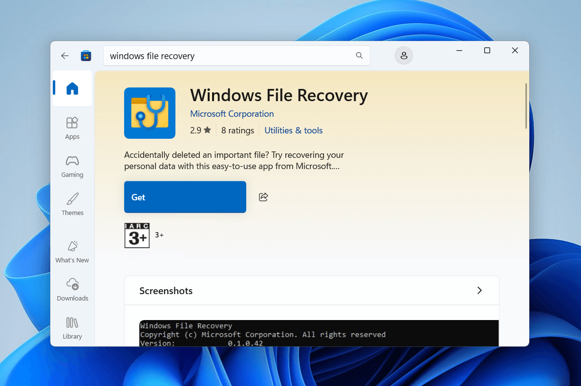 Windows File Recovery download page in the Microsoft Store