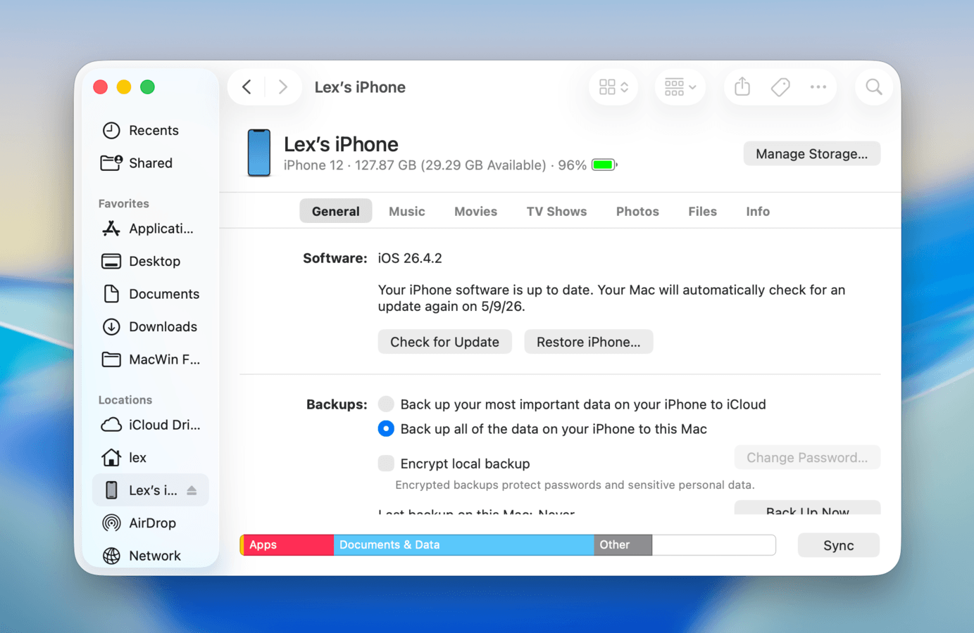 Check for Updates button in the iPhone page on Mac