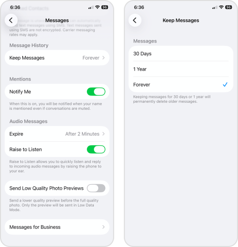 Save duration settings for messages in the iOS Messages app