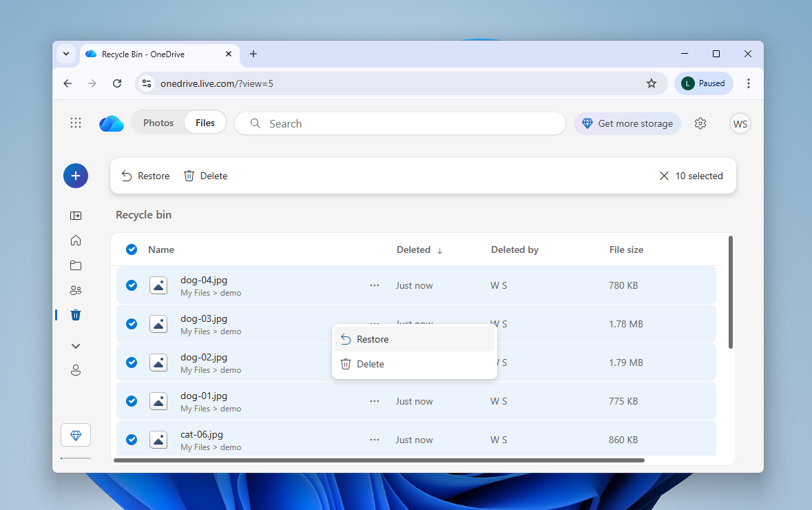 Restoring files from OneDrive web's Recycle Bin