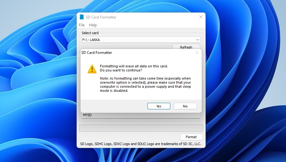 SD Card Formatter Data Loss Warning