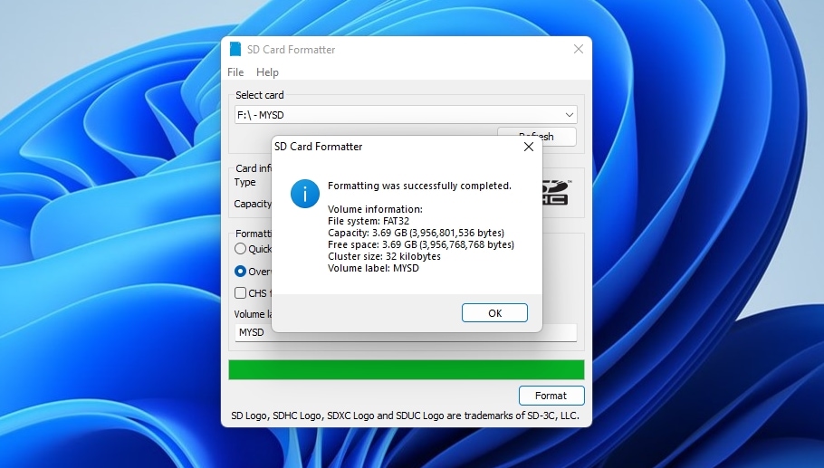 SD Card Formatter Format Summary