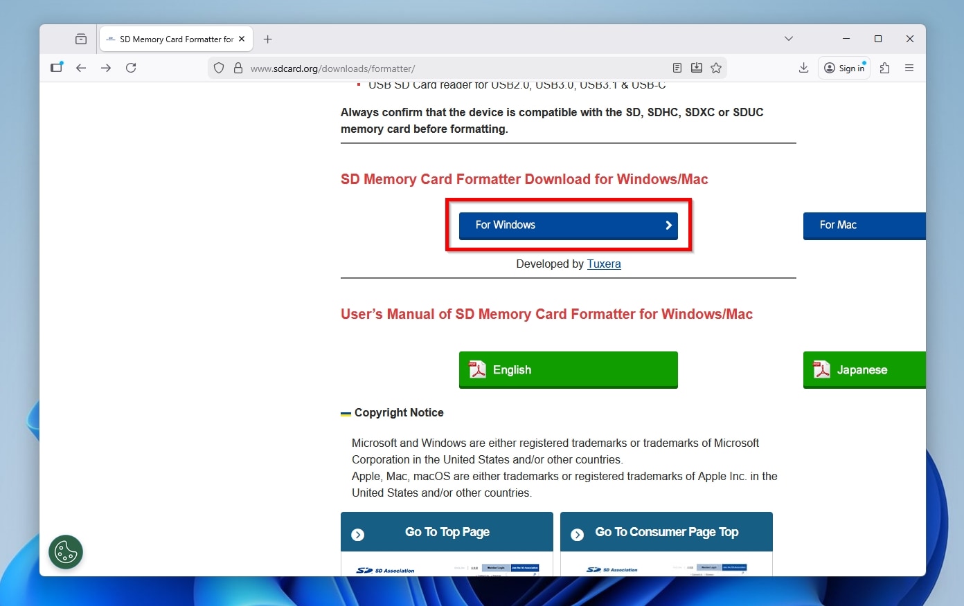 SD Card Formatter Official site download link