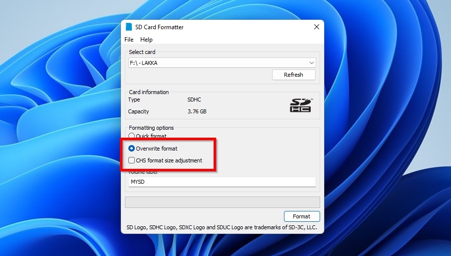 SD Card Formatter Overwrite Format CHS Size Adjustment