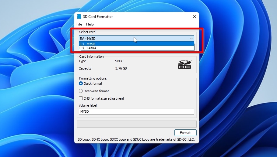 SD Card Formatter Select SD card