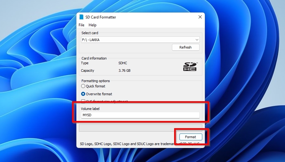 SD Card Formatter Volume Label and Format Button