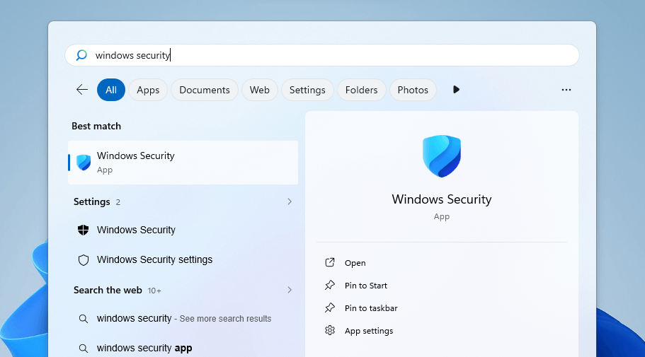 Windows Security app in the Start Menu