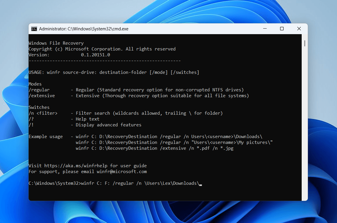 Running Windows File Recovery in Command Prompt