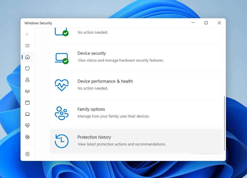 Protection History option in the Windows Security menu