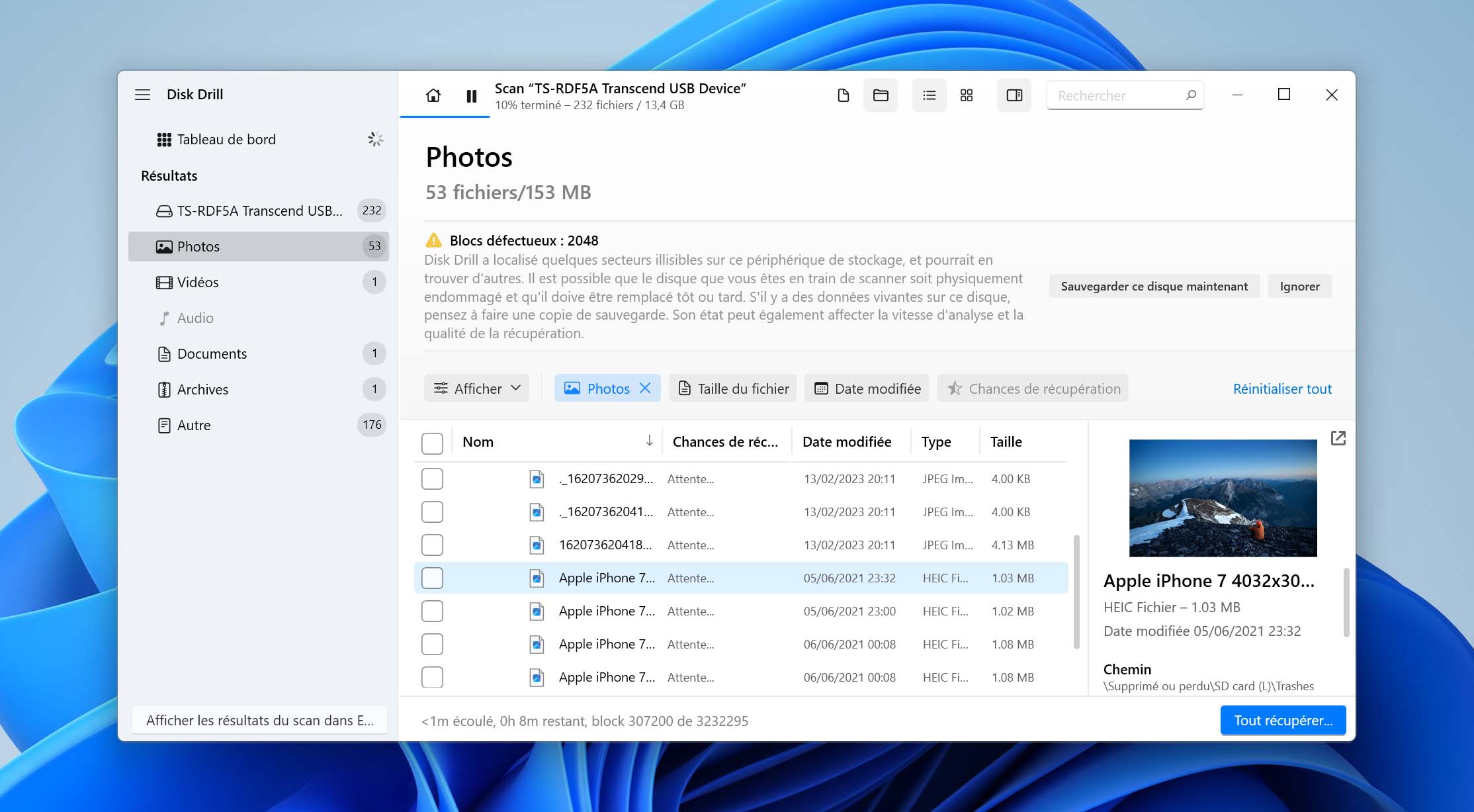 Disk Drill pour Windows récupération de fichiers d'une carte mémoire formatée