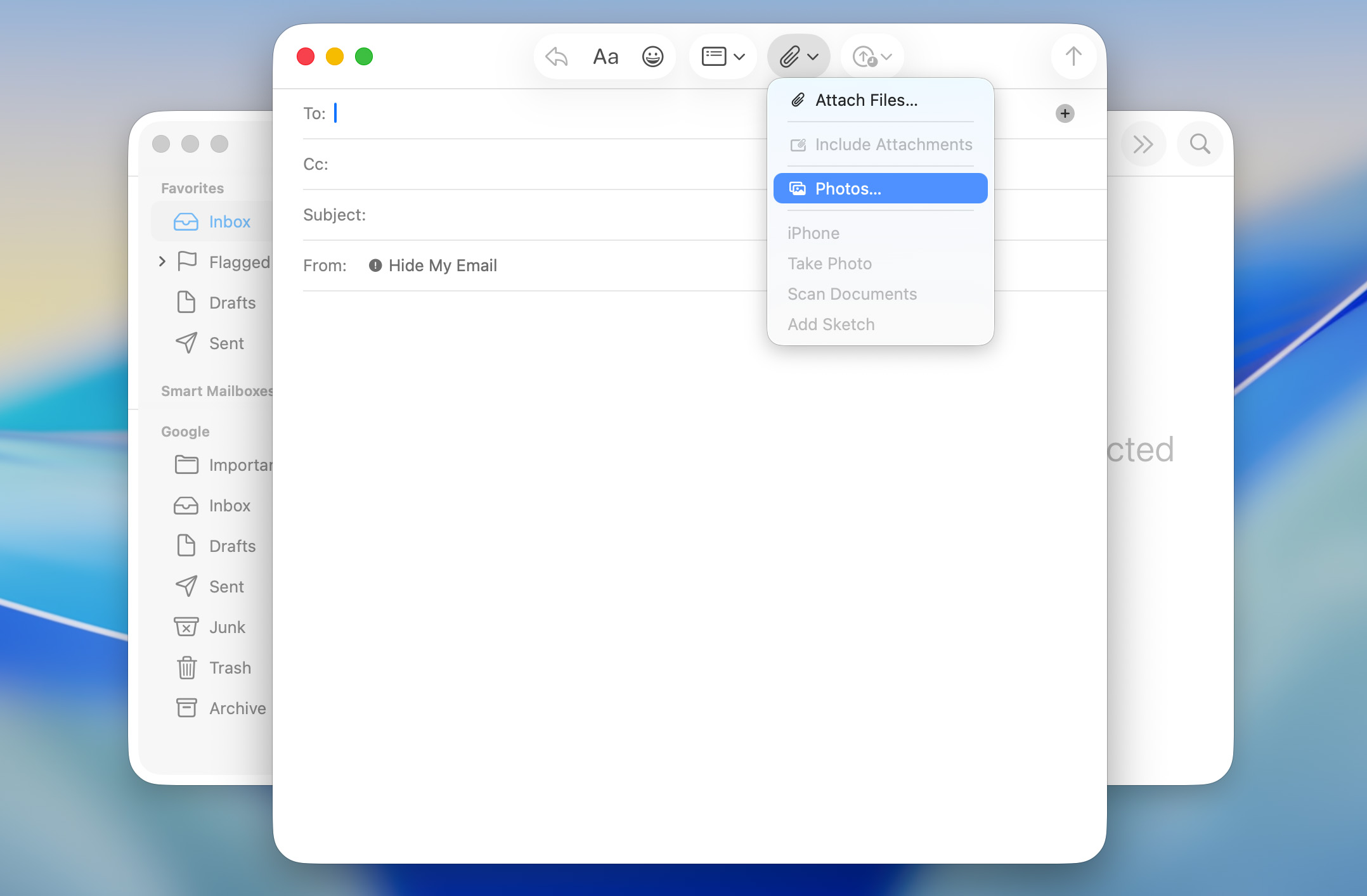 Attach photos in the Mail app.