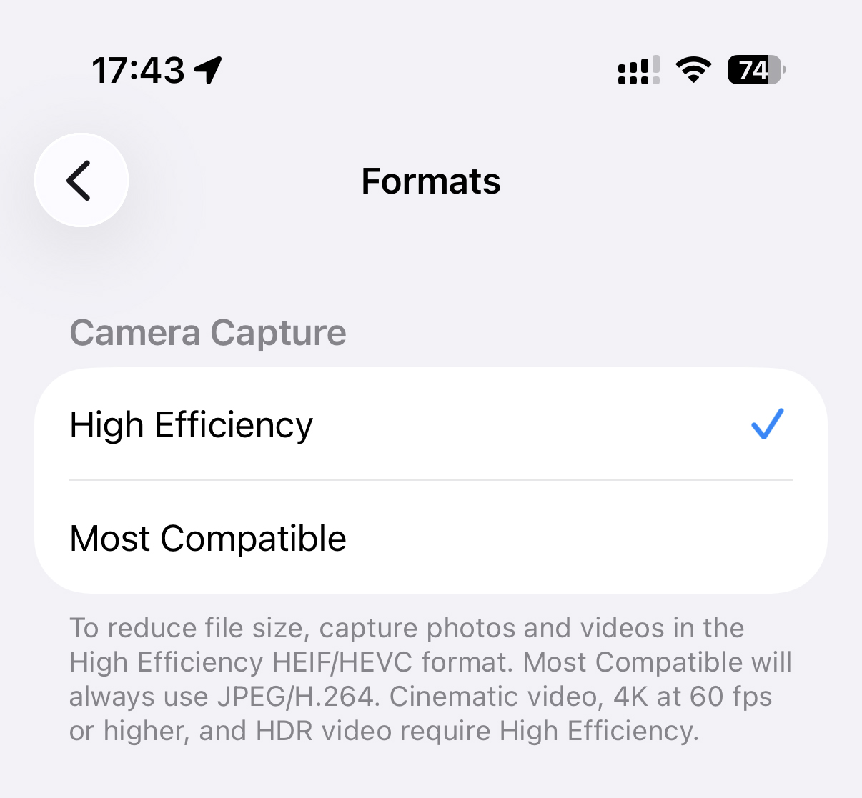 Select High Efficiency camera format.
