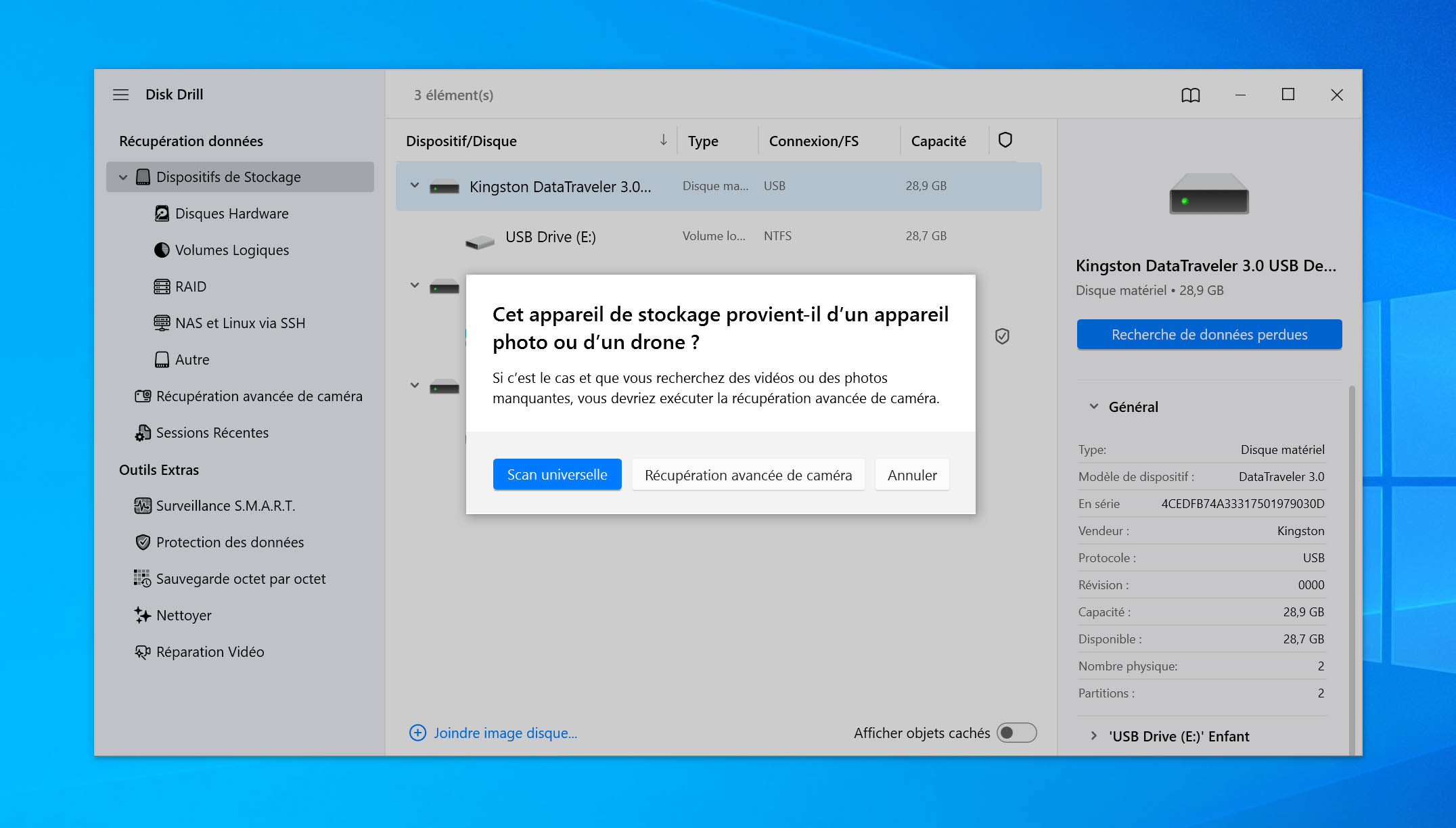 choisissez la methode danalyse dans disk drill