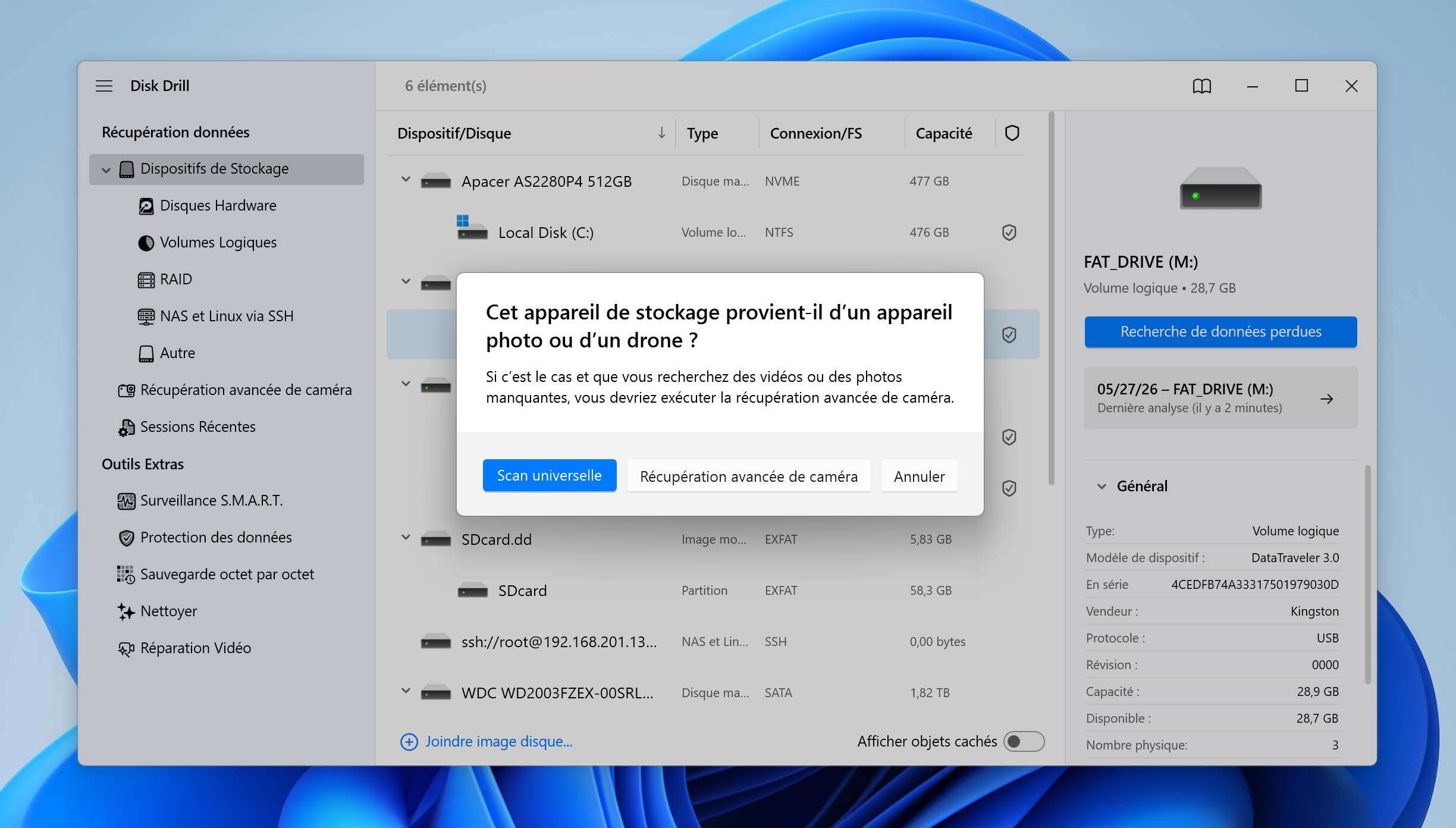 choisissez la methode de recherche dans disk drill