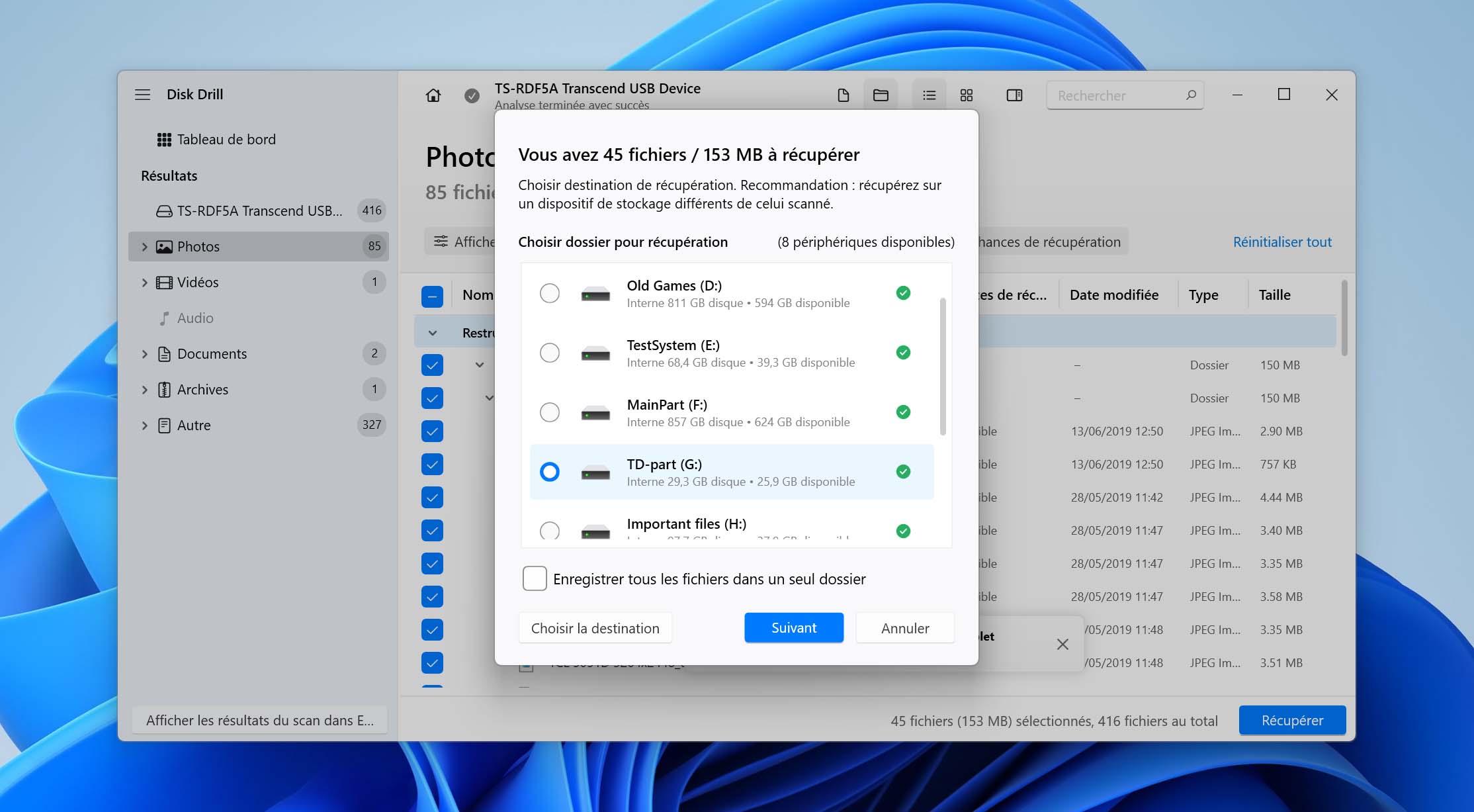 Logiciel Windows restaurant des données depuis une carte mémoire