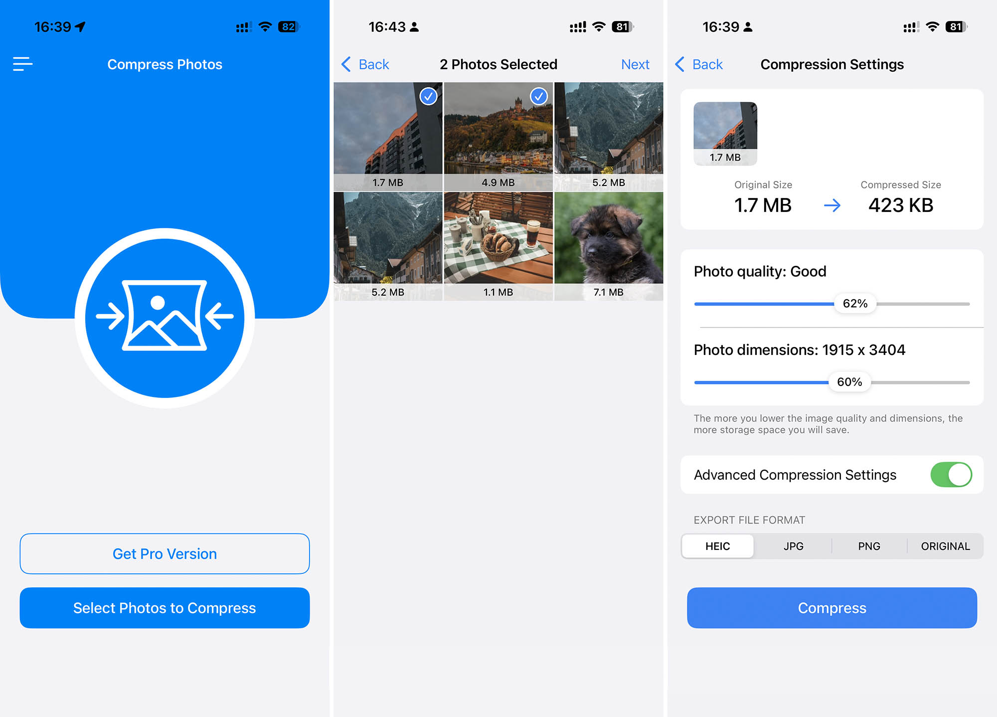 Compress Photos & Pictures app screenshots.