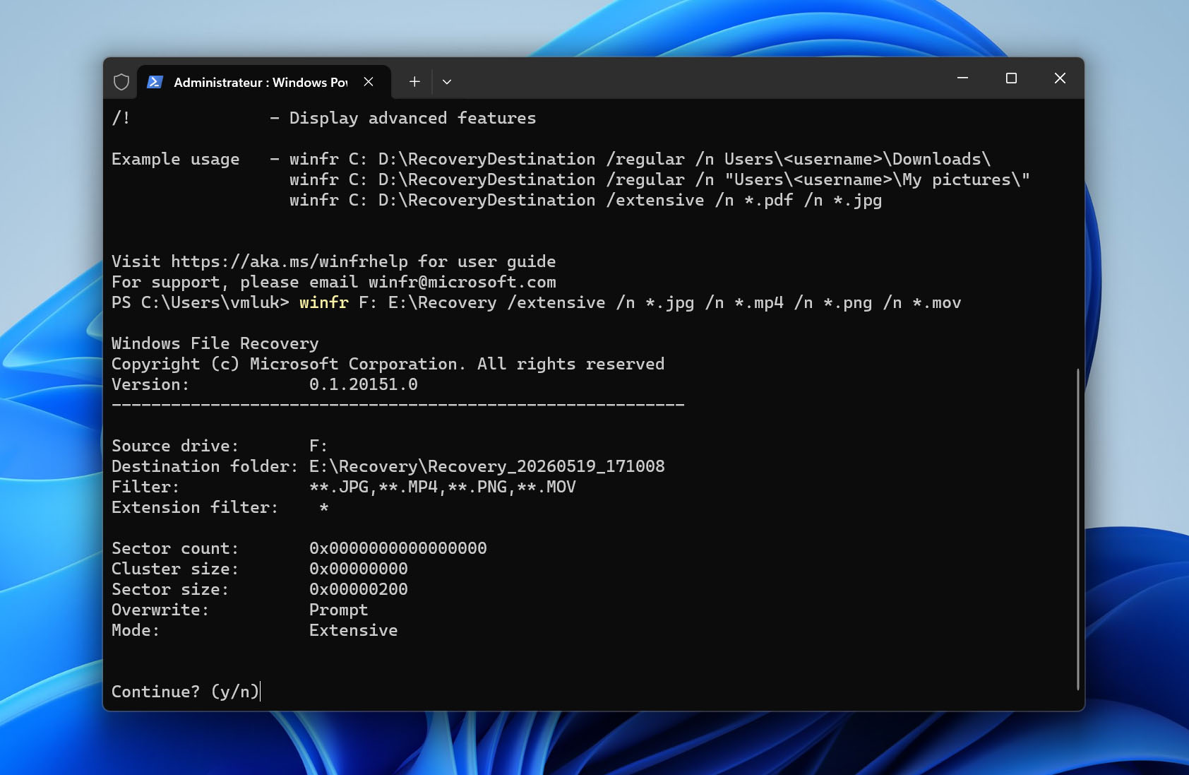 analyser la carte SD avec winfr