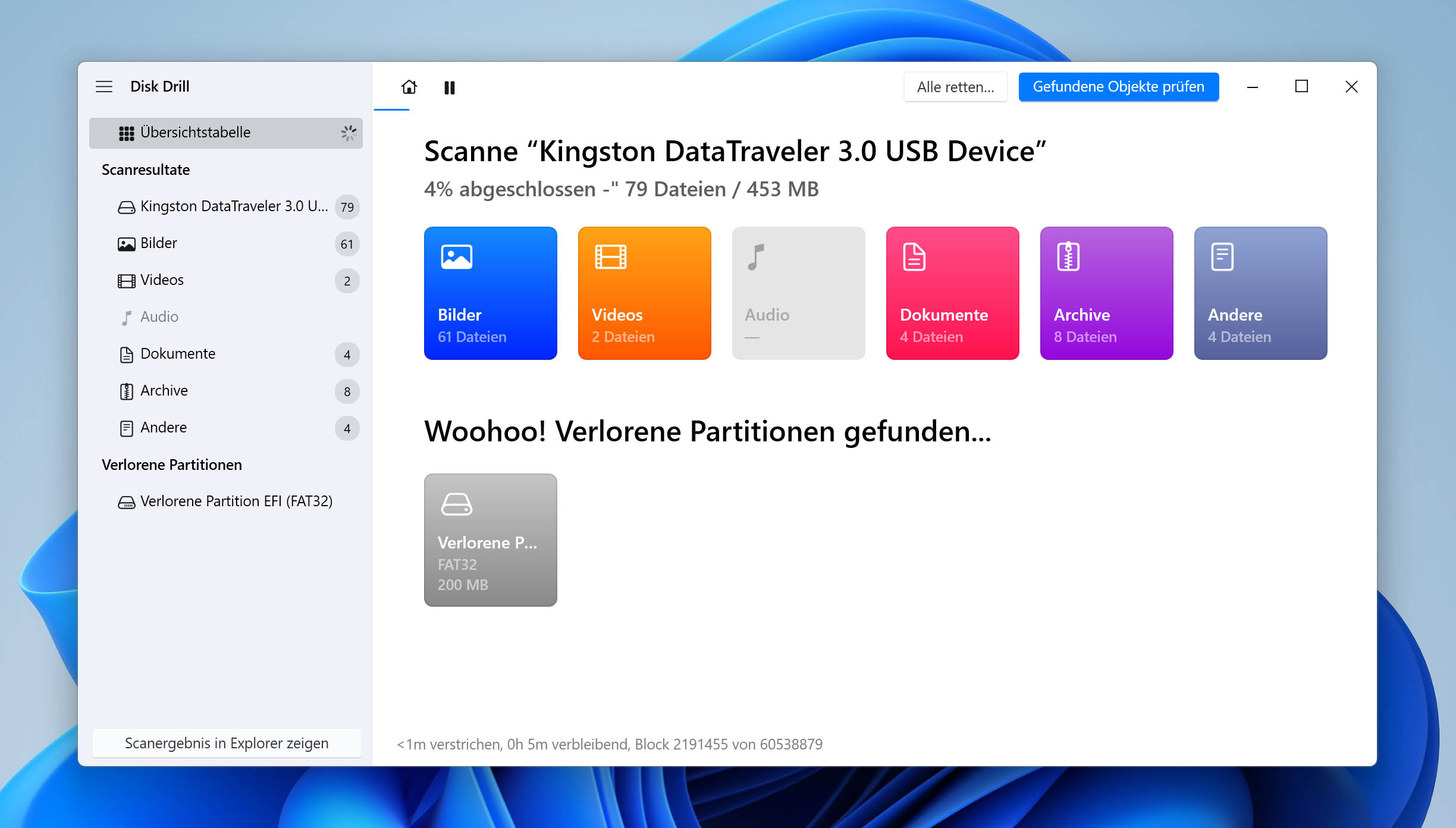 disk drill scanbildschirm mit gefundener fat partition