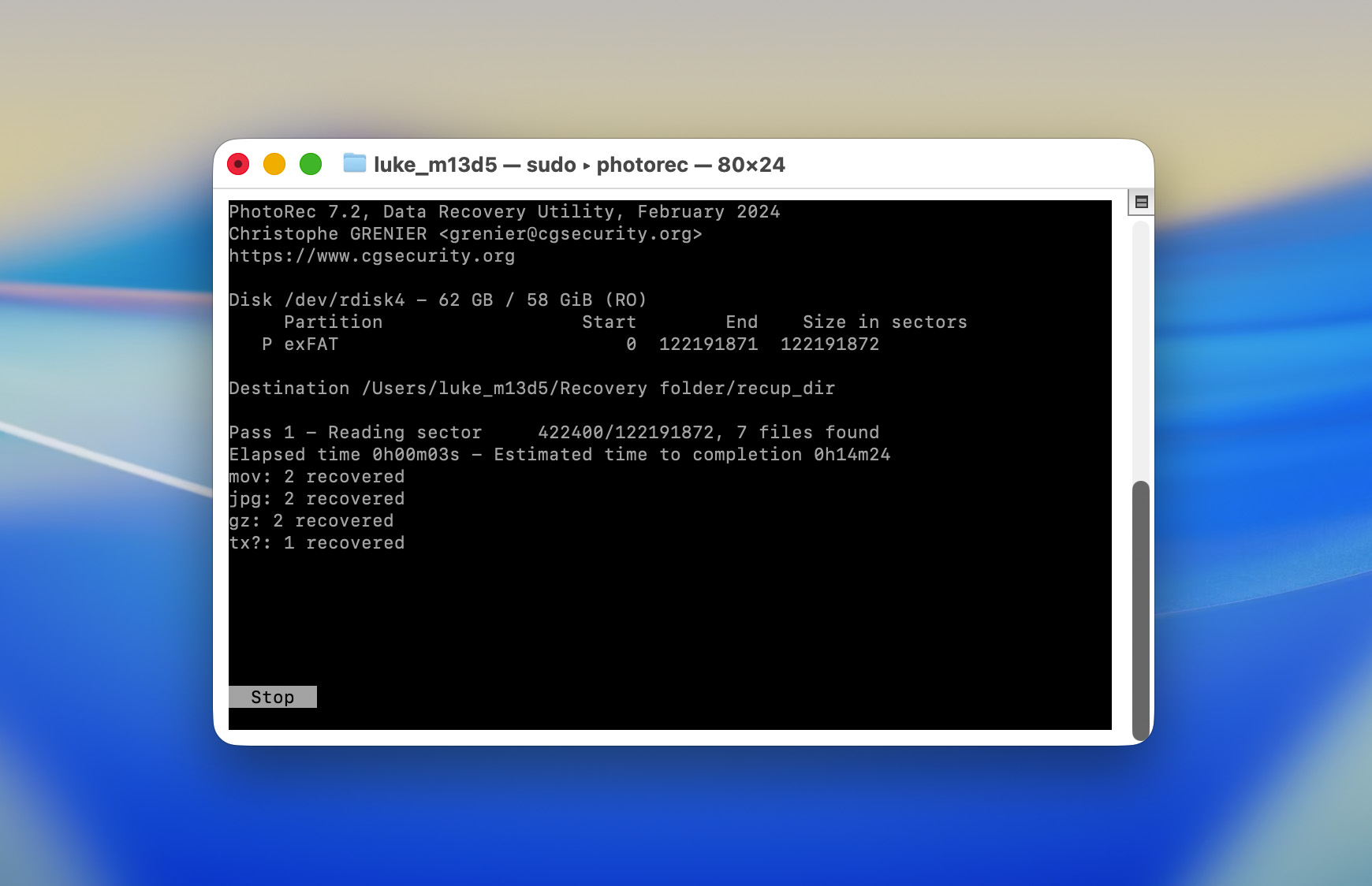 Mac Terminal PhotoRec fichiers retrouvés