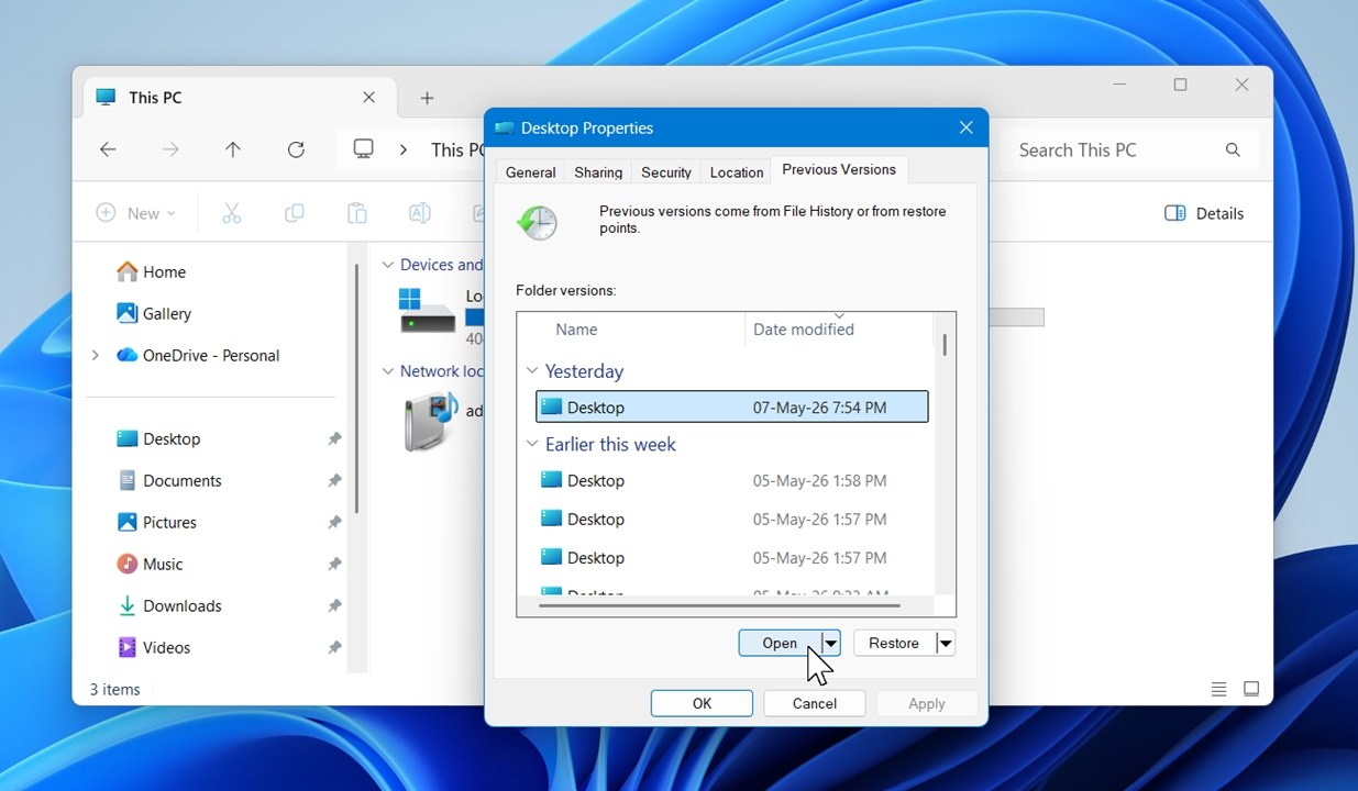 Open the Previous Versions