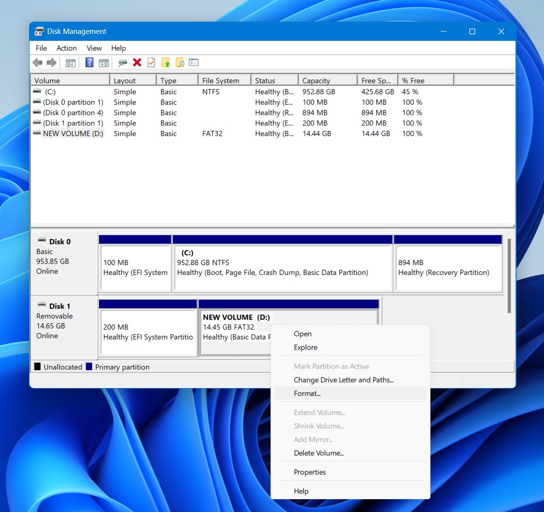 Right-click the partition and choose Format