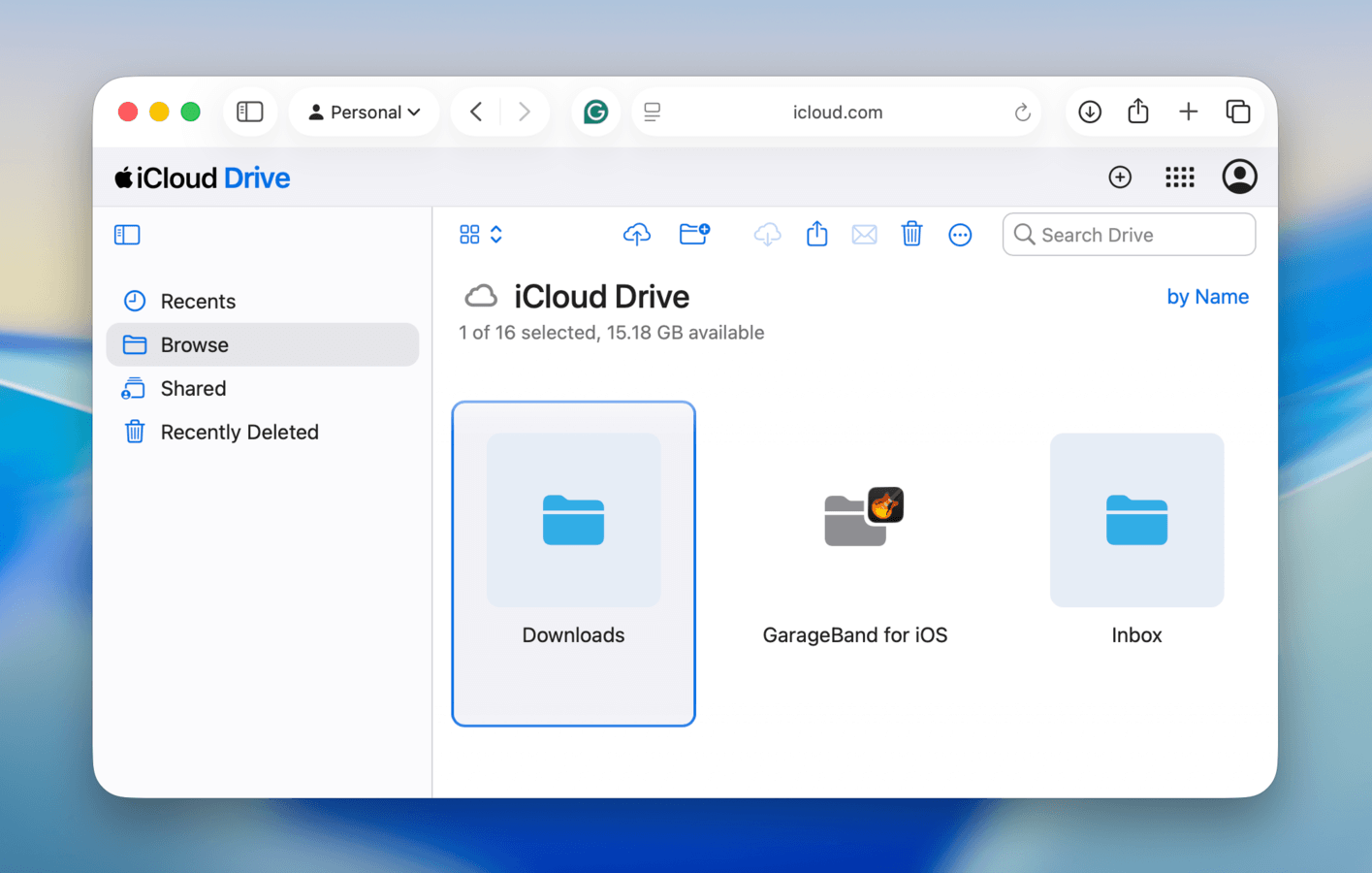 Opening the Downloads folder in iCloud Web