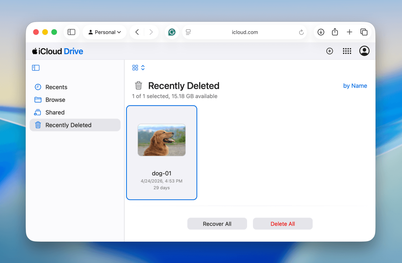 Restoring files from the Recently Deleted folder in iCloud Web