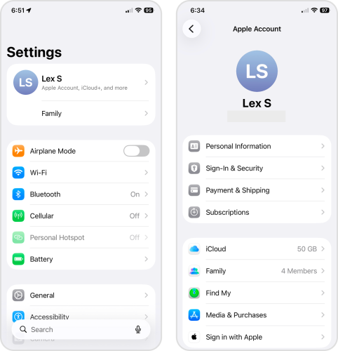 Apple Account page in iOS Settings