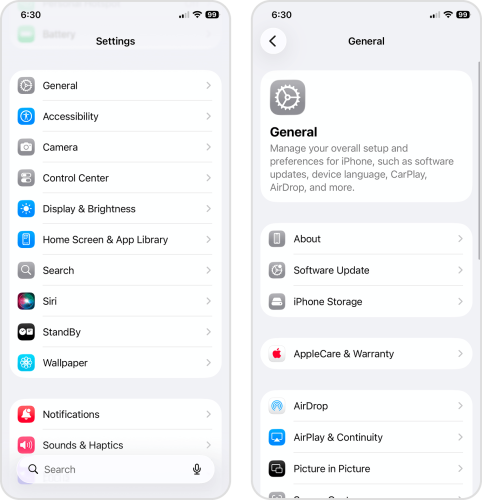 iPhone Storage option in the General page in the Settings app