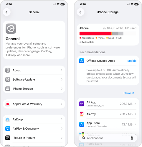 iPhone storage menu in the Settings app