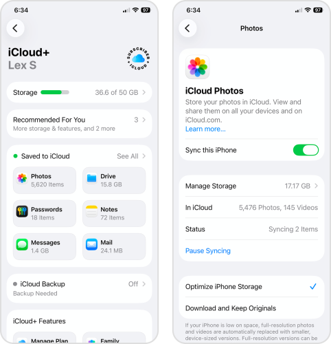 iCloud sync and optimization settings in iOS Settings