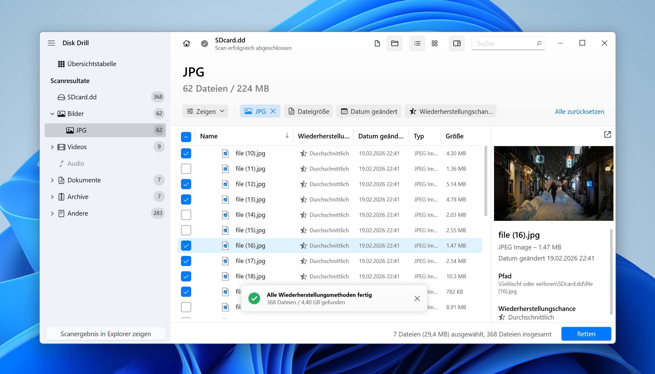 in den ergebnissen des disk drill scans dateien zur wiederherstellung auswahlen