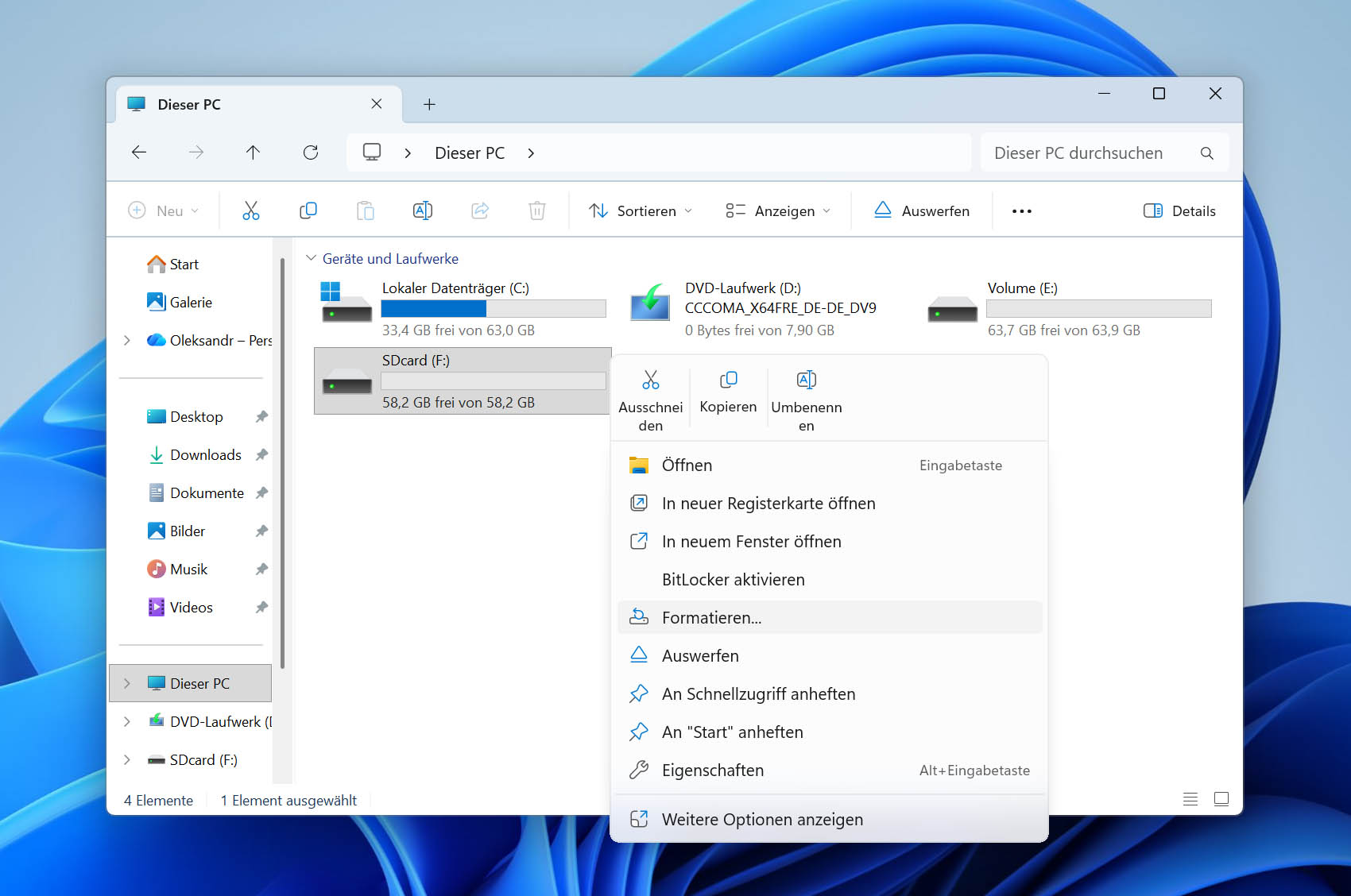 klicken sie im datei explorer auf die option format
