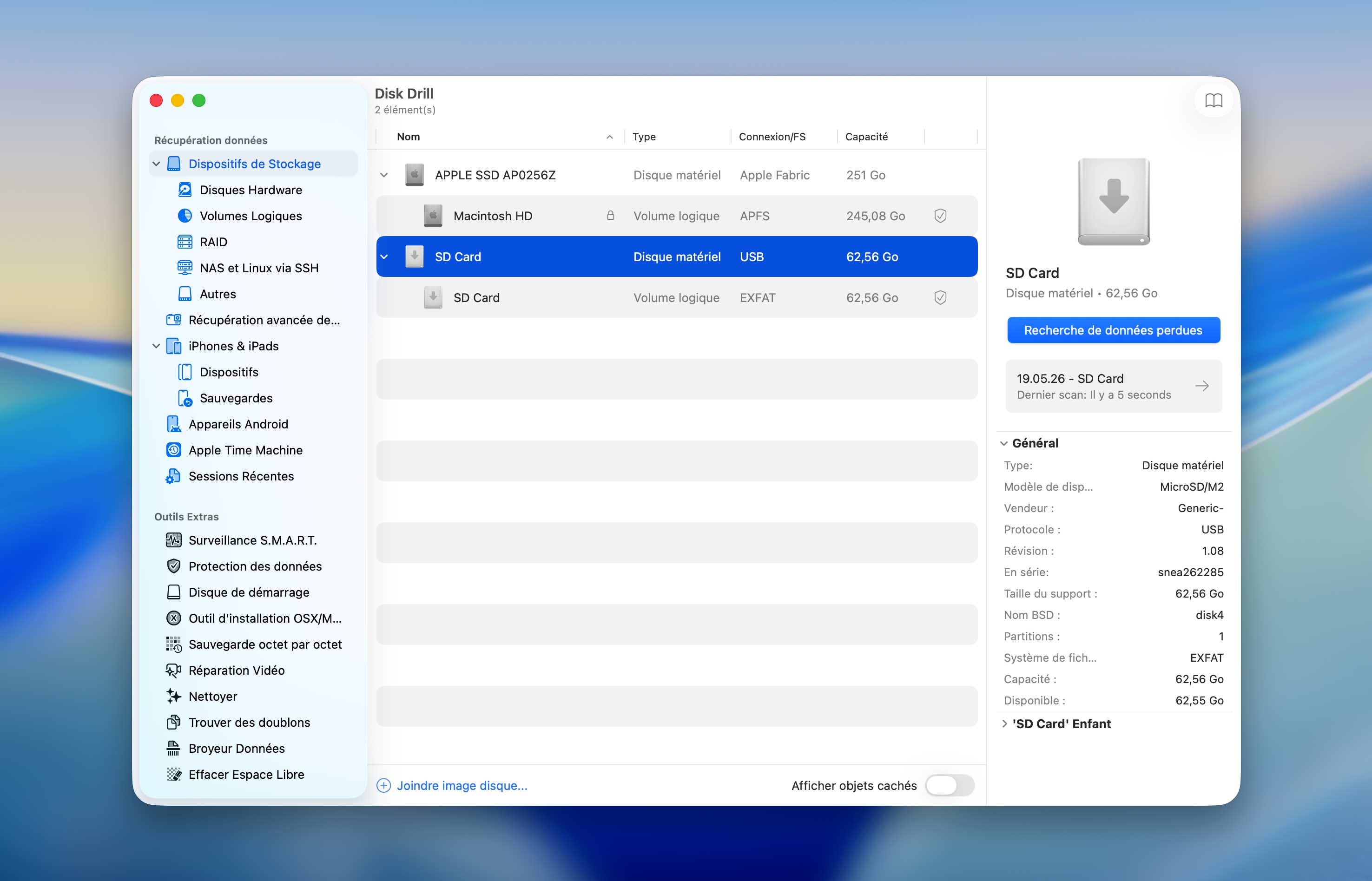 Disk Drill pour Mac récupération de fichiers d'une carte SD formatée